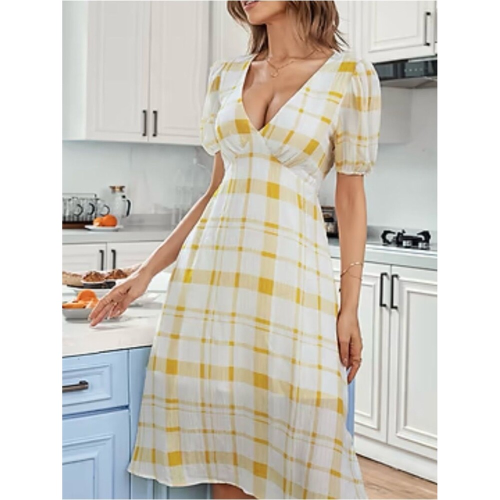 Cupshe Yellow & White Plaid V-Neck Gingham Aleena Midi Dress Size M